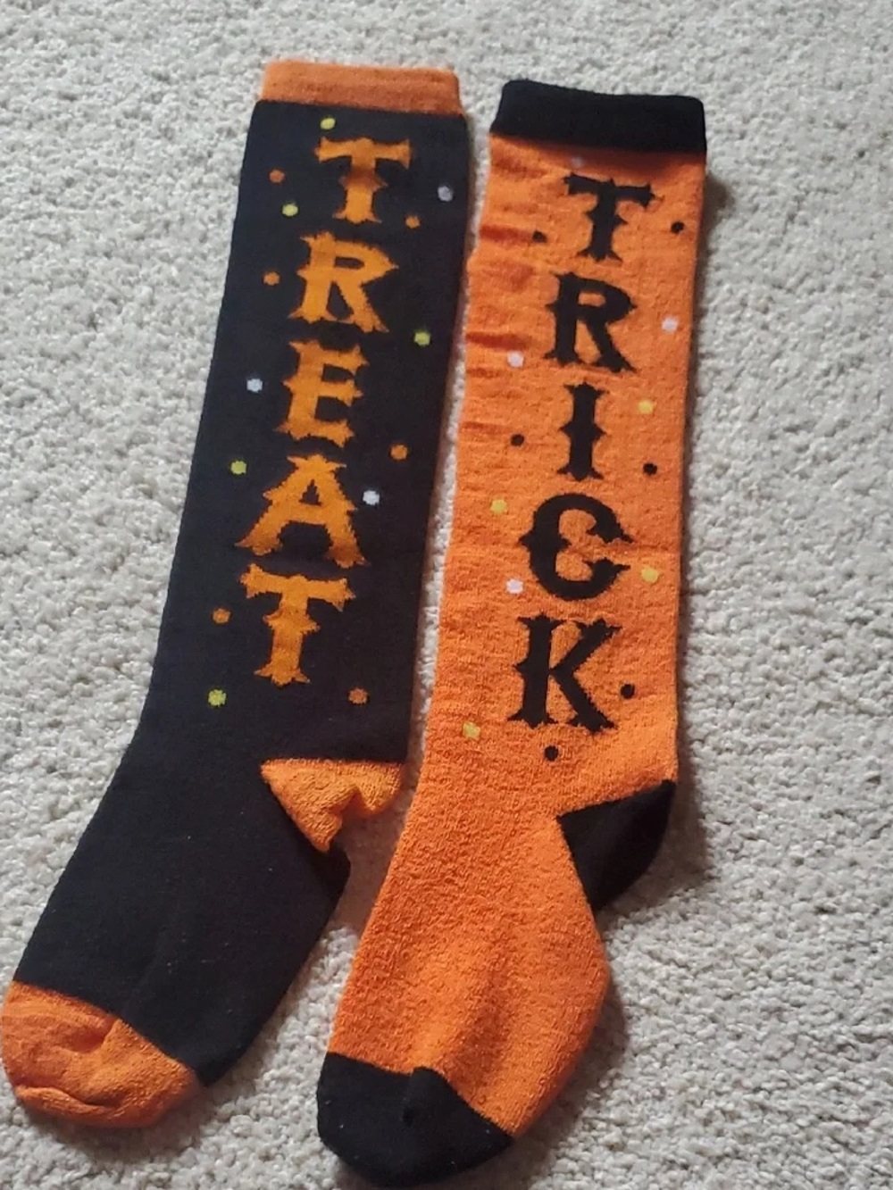 Halloween 'Trick' & 'Treat' Knee-High Socks — Orange and Black